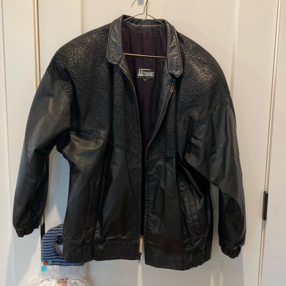 Leather Jacket Comint Made In Argentina Large‎ Black Animal Print Vintage Bomber